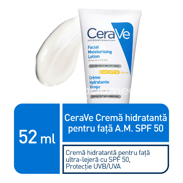 Îngrijire ten - CeraVe crema hidratanta fata ten normal uscat SPF 50, 52ml, farmaciamea.ro