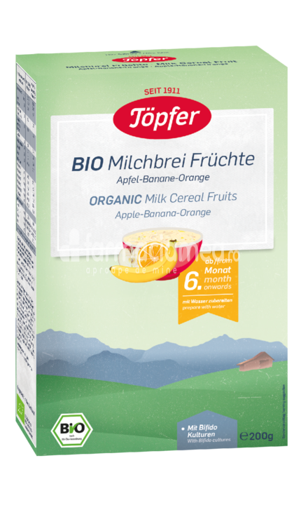 Cereale - Cereale Bio gris de grau cu lapte si fructe, de la 6 luni, 175 g, Topfer, farmaciamea.ro