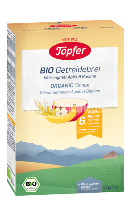 Cereale - Cereale Bio gris de grau cu mere si banane, de la 6 luni, 175 g, Topfer, farmaciamea.ro