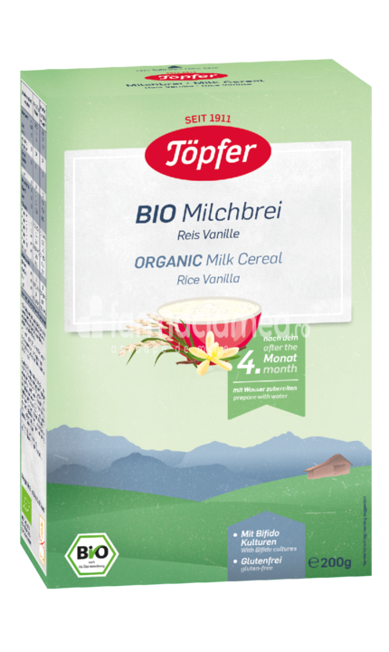 Cereale - Cereale Bio gris de orez cu lapte si vanilie, de la 4 luni, 175 g, Topfer, farmaciamea.ro