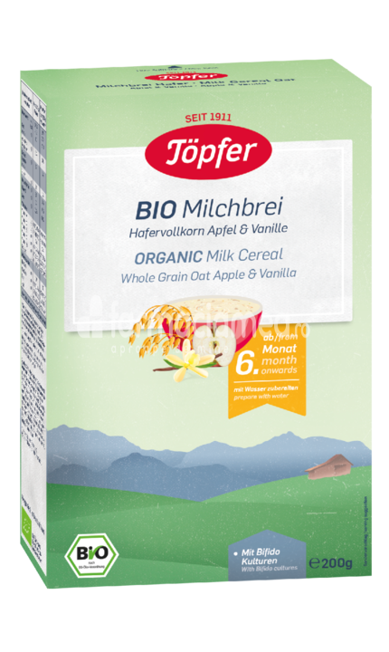 Cereale - Cereale Bio ovăz integral cu lapte, măr și vanilie, de la 6 luni, 175 g, Topfer, farmaciamea.ro