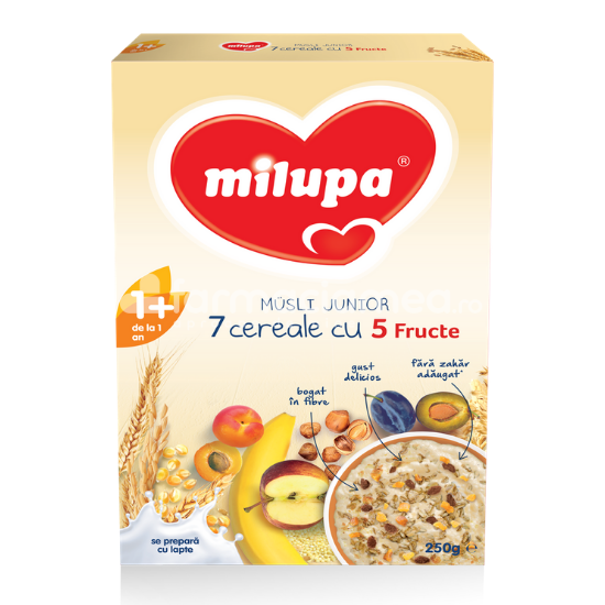 Cereale - Cereale Musli Junior 7 cereale cu 5 fructe, de la 12 luni, 250 g, Milupa, farmaciamea.ro