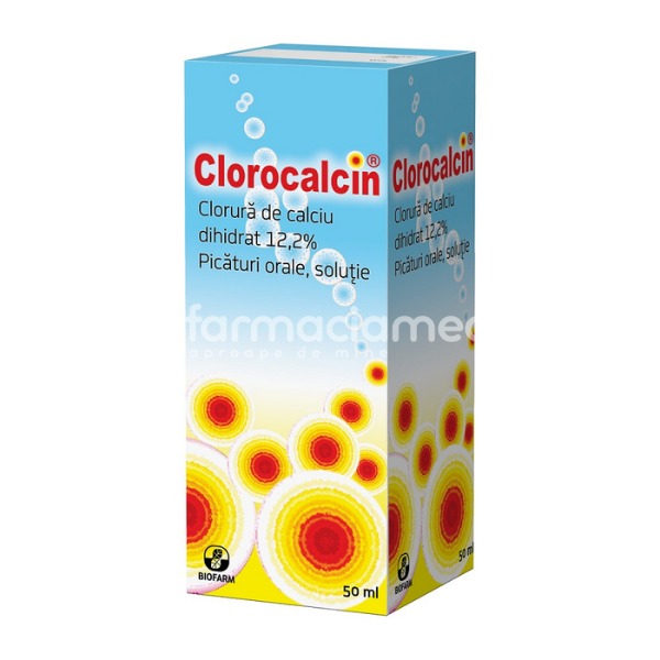 Vitamine și minerale OTC - Clorocalcin solutie, contine clorura de calciu dihidrat, indicat in boli ale sistemului osos, flacon 50 ml, Biofarm, farmaciamea.ro