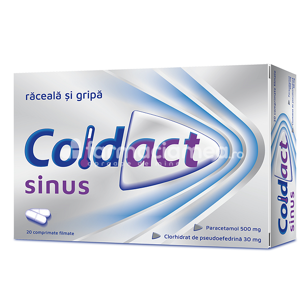 Durere OTC - Coldact Sinus 500mg/30mg, contine paracetamol si clorhidrat de pseudoefedrina, cu efect analgezic, antiinflamator si antipiretic, indicat in raceala si gripa, dureri de intensitate usoara, congestie nazala si hipersecretie nazala, de la 12 ani, 20 de, farmaciamea.ro