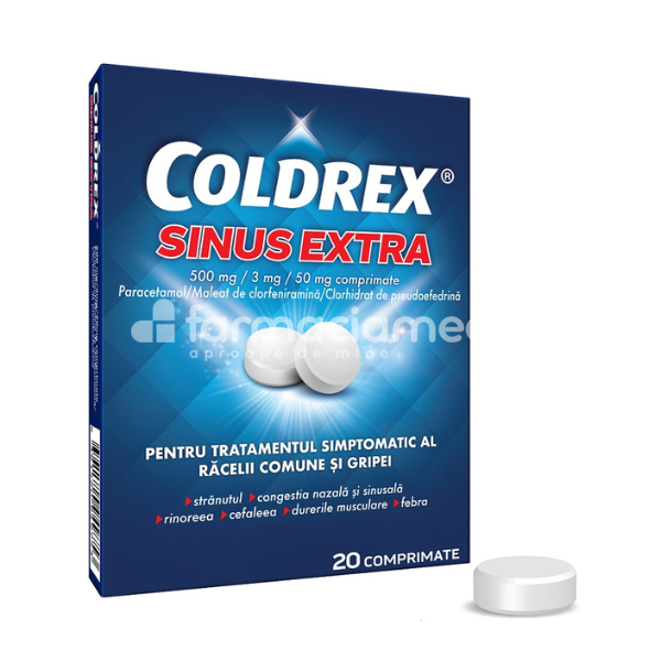 Răceală și gripă OTC - Coldrex Sinus Extra 500mg/3mg/50mg, 20cp, Perrigo, farmaciamea.ro