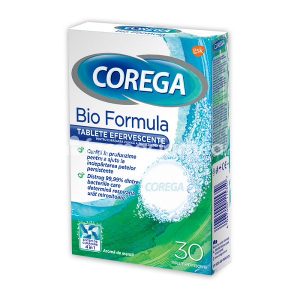 Adezivi și curățare proteze - Corega Bio Formula tablete efervescente, 30 tablete, Gsk, farmaciamea.ro