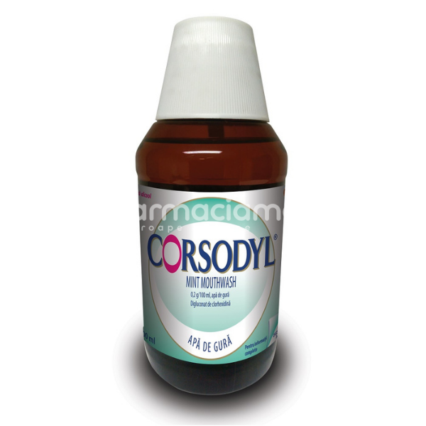 Afecțiuni ale  cavității bucale OTC - Corsodyl Mint Apa de gura, contine clorhexidina, cu actiune antibacteriana, indicat in inflamatia si infectia cavitatii bucale, de la 12 ani, flacon 300 ml, Gsk, farmaciamea.ro