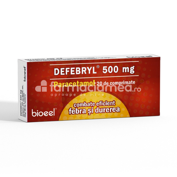 Răceală și gripă OTC - Defebryl 500 mg, contine paracetamol, cu efect analgezic si antipiretic, indicat in ameliorarea durerii si febrei, de la 12 ani, 20 de comprimate, Bioeel, farmaciamea.ro