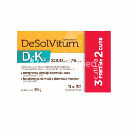Minerale și vitamine - Aflofarm Desolvitum D3+K2, 30 comprimate 2+1 gratuit, farmaciamea.ro
