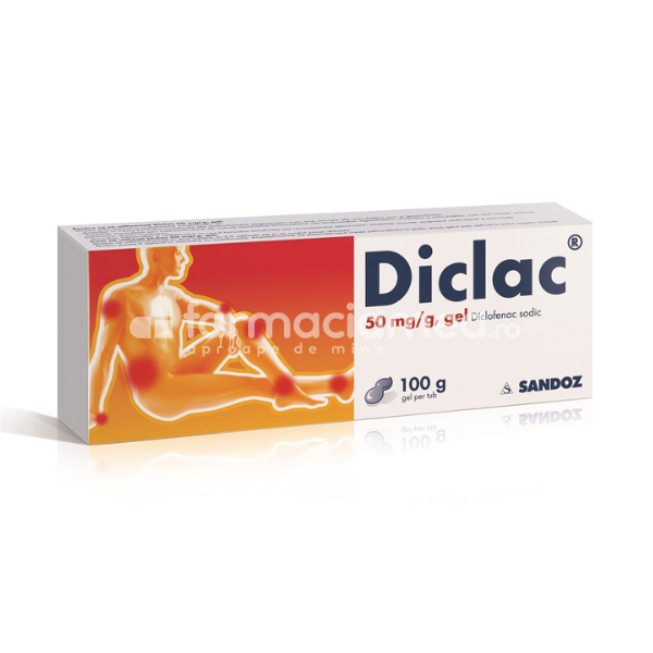 Durere OTC - Diclac 50 mg/g, contine diclofenac, cu efect antiinflamator, indicat in tratamentul simptomatic al durerii, de la 14 ani, tub 100 g, Sandoz, farmaciamea.ro