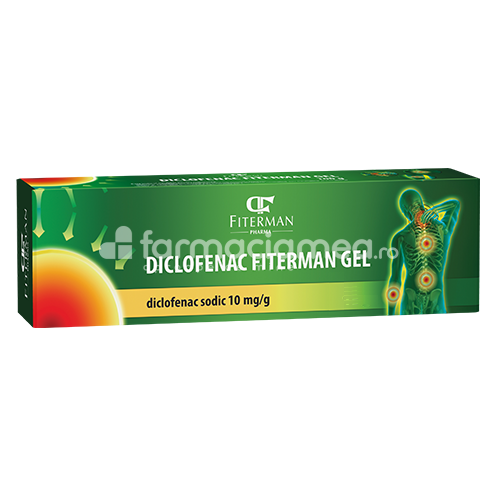 Durere OTC - Diclofenac 1% gel, cu efect antiinflamator, indicat in tratamentul simptomatic al durerii, de la 14 ani, tub 100 g, Fiterman Pharma, farmaciamea.ro