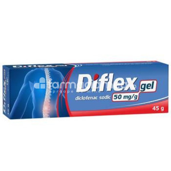 Durere OTC - Diflex 5% gel, contine diclofenac, cu efect antiinflamator, indicat in tratamentul simptomatic al durerii, de la 14 ani, tub 45 g, Fiterman Pharma, farmaciamea.ro