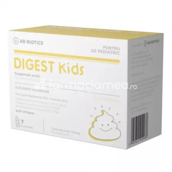 Antidiareice și săruri de rehidratare - Digest Kids suspensie orala, pentru prevenirea si tratarea diareei, 7 flacoane, Ab-Biotics, farmaciamea.ro