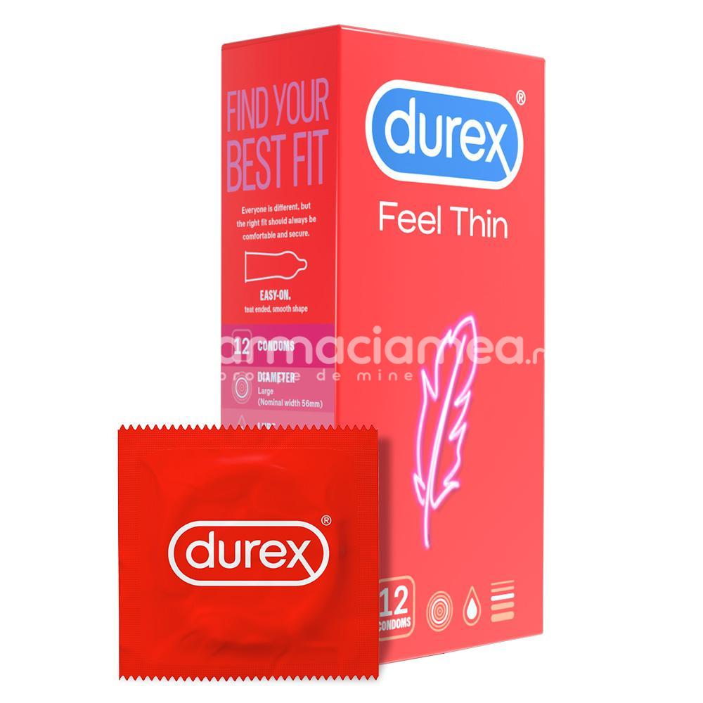 Lubrefiante & Prezervative - DUREX prezervativ Feel Thin, prezervative subtiri pentru senzatii cat mai intense si sensibilitate crescuta in timpul actului sexual, 12buc, Reckitt, farmaciamea.ro