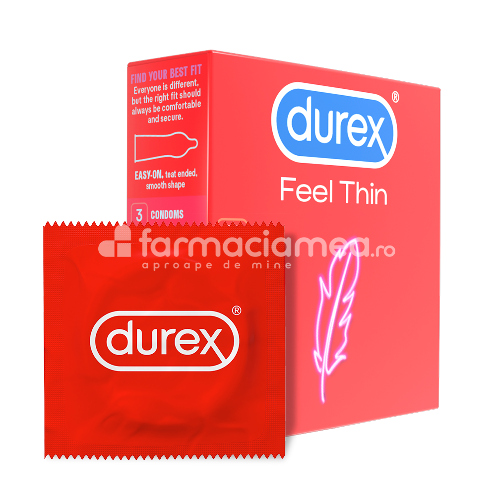 Lubrefiante & Prezervative - DUREX prezervativ Feel Thin, prezervative subtiri pentru senzatii cat mai intense si sensibilitate crescuta in timpul actului sexual, 3buc, Reckitt, farmaciamea.ro