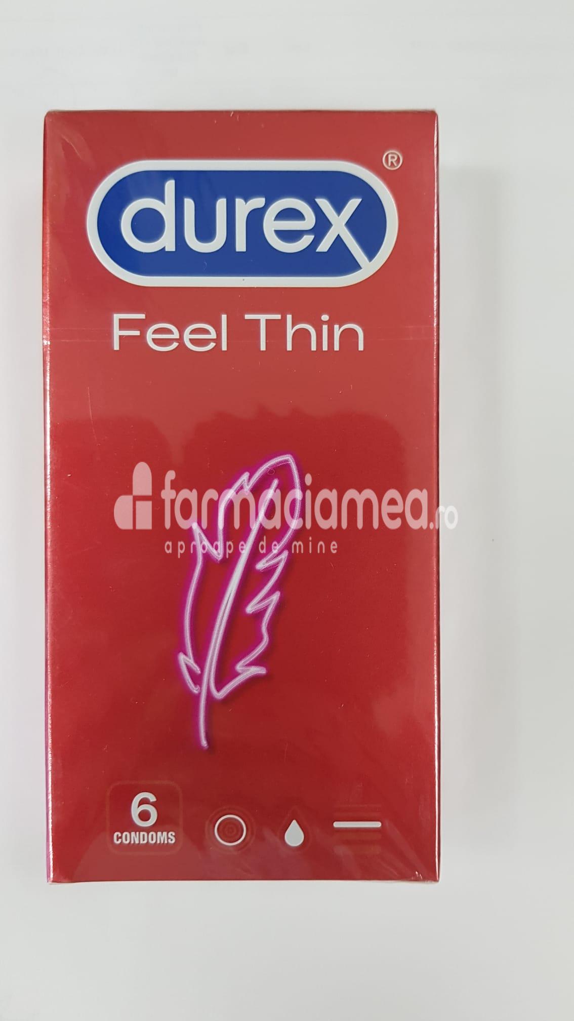 Lubrefiante & Prezervative - DUREX prezervativ Feel Thin, prezervative subtiri pentru senzatii cat mai intense si sensibilitate crescuta in timpul actului sexual, 6 buc, Reckitt, farmaciamea.ro