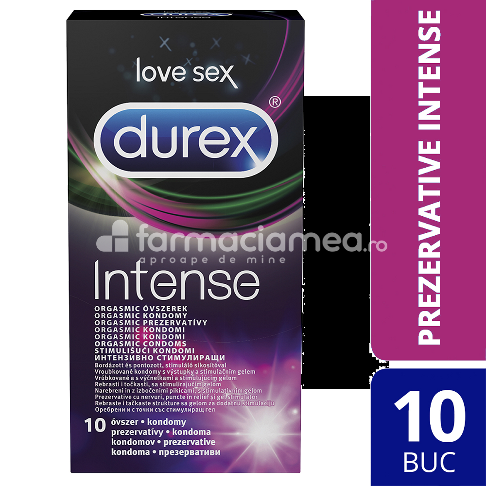 Lubrefiante & Prezervative - DUREX prezervativ Intense Orgasmic, textura cu nervuri, lubrifiant stimulator Desirex, pentru o stimulare mai mare, 10buc, Reckitt, farmaciamea.ro