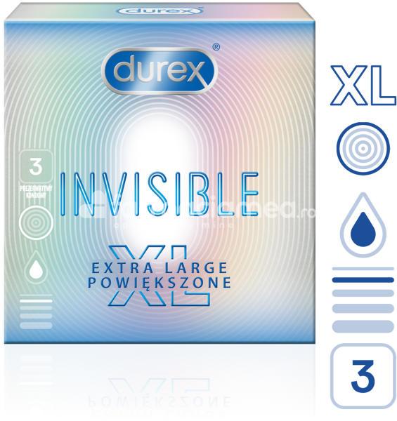 Lubrefiante & Prezervative - DUREX prezervativ Invisible XL, fabricate din latex subtire, ajuta ambii parteneri sa aiba o senzatie cat mai naturala in timpul actului sexual, 3buc, Reckitt, farmaciamea.ro