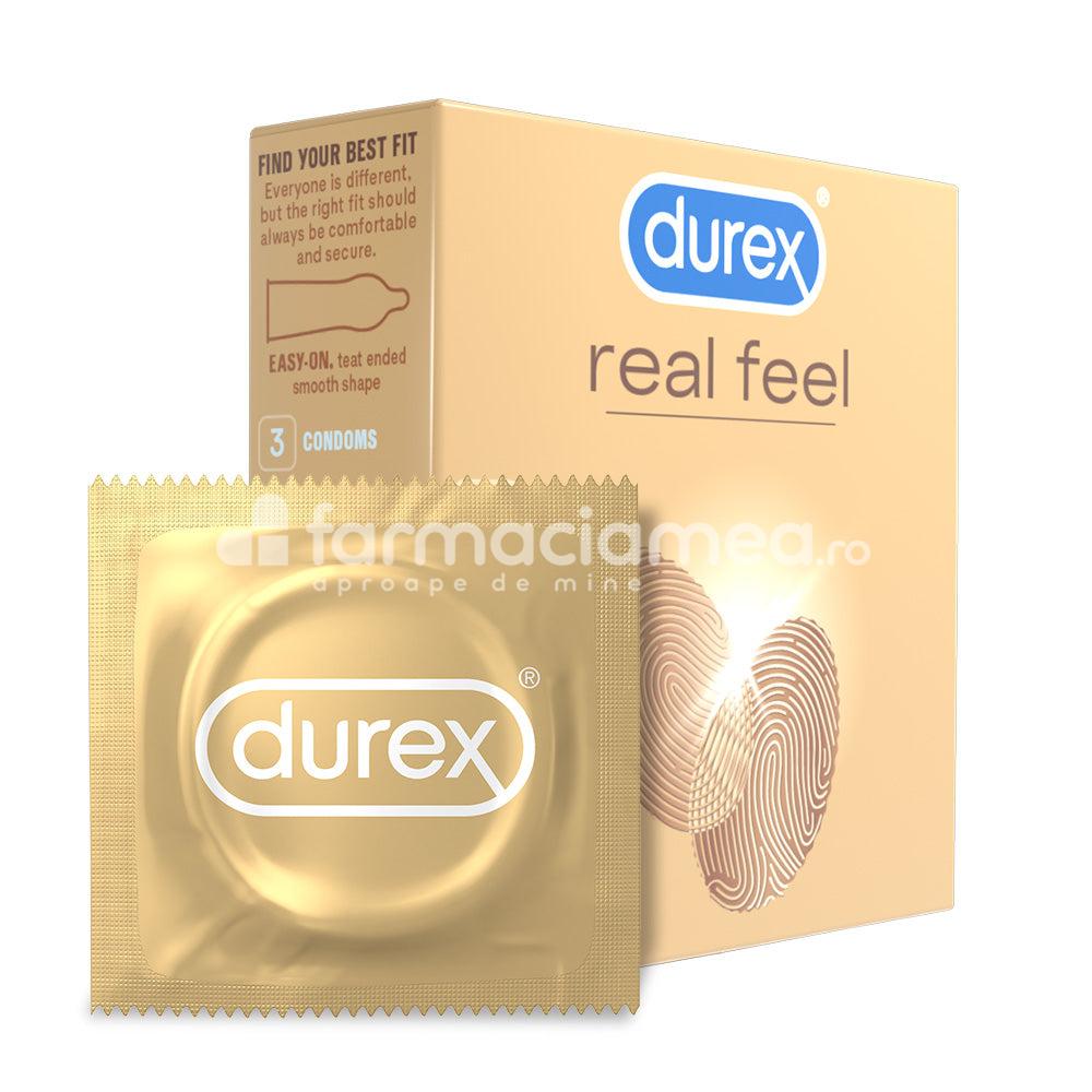 Lubrefiante & Prezervative - DUREX prezervativ Real feel, fabricate din material special, poliizopren, care pot asigura un confort sporit la purtare si nu prezinta probleme pentru persoanele sensibile la latex, 3buc, Reckitt, farmaciamea.ro