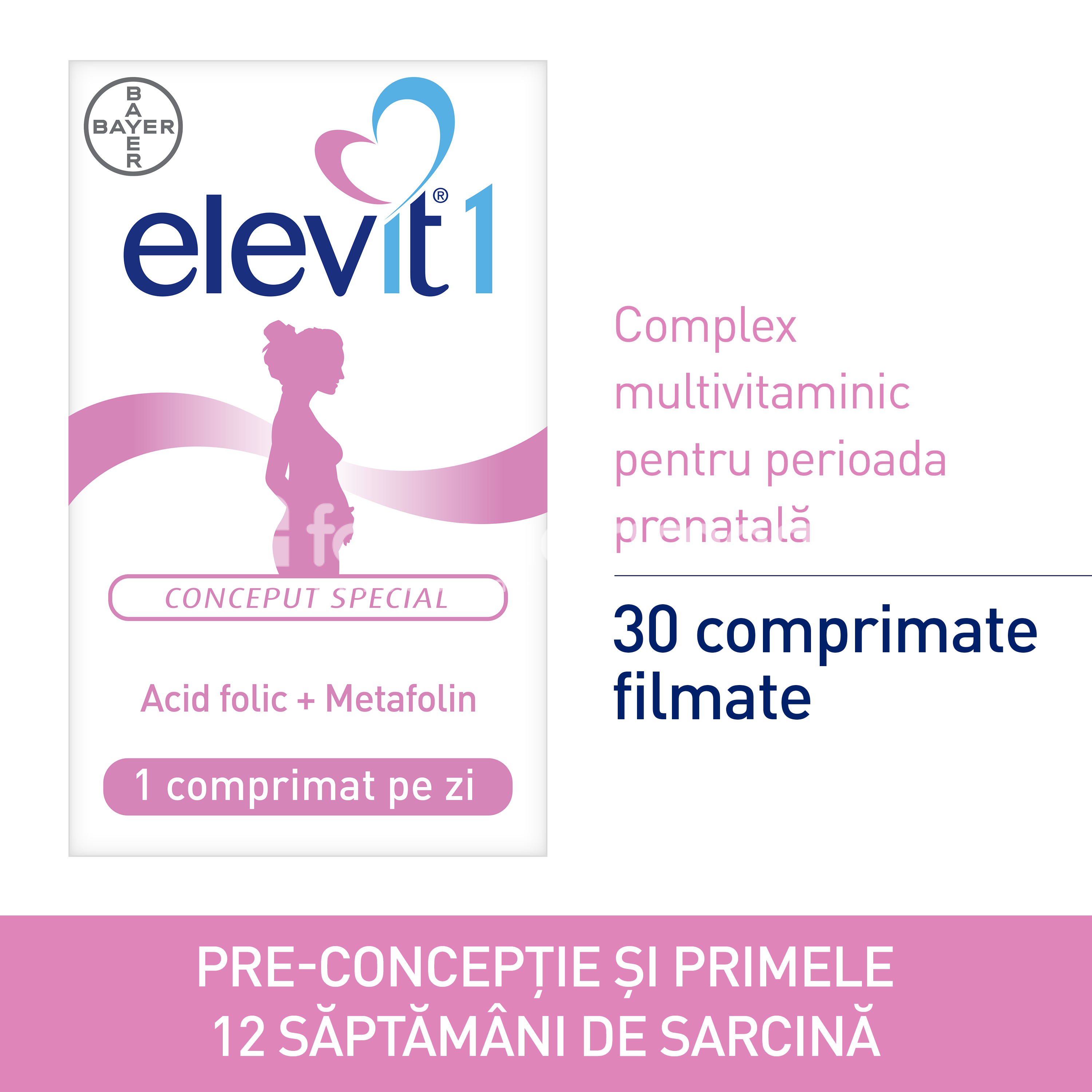 Vitamine și minerale femei însărcinate - Elevit 1 Complex multivitaminic pentru perioada prenatala, 30 comprimate filmate, Bayer, farmaciamea.ro