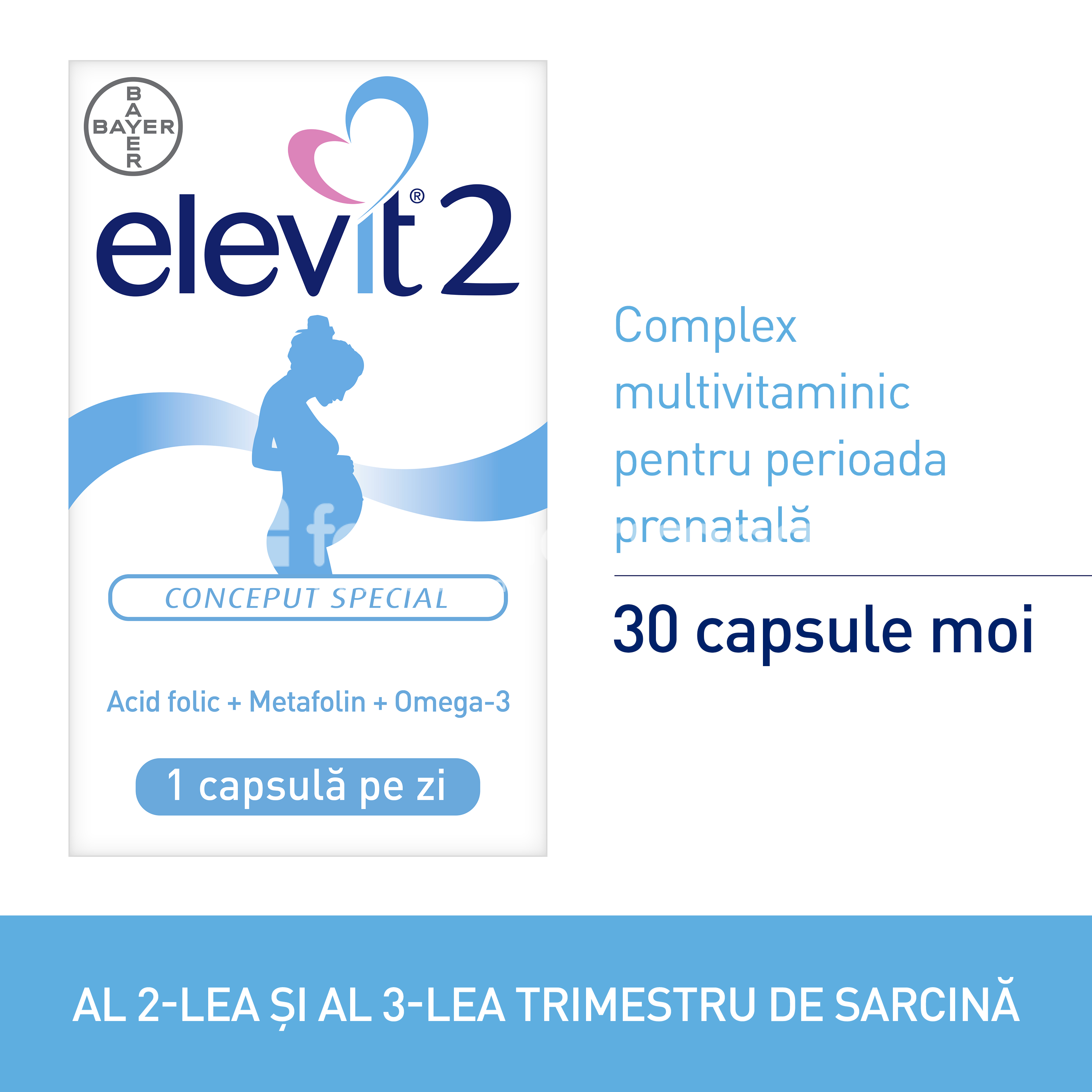 Vitamine și minerale femei însărcinate - Elevit 2 Complex multivitaminic pentru trimestru 2 si 3 de sarcina, 30 capsule, Bayer, farmaciamea.ro