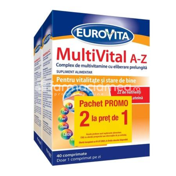 Minerale și vitamine - Eurovita MultiVital A-Z, 40 comprimate Pachet 1+1 Cadou, Perrigo, farmaciamea.ro