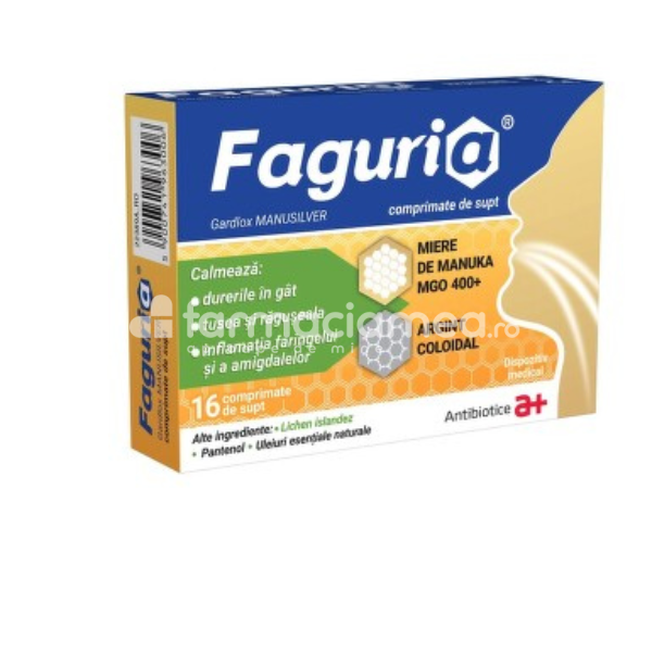 Durere gât - Faguria Gardlox Manusilver, 16 comprimate supt, Antibiotice, farmaciamea.ro