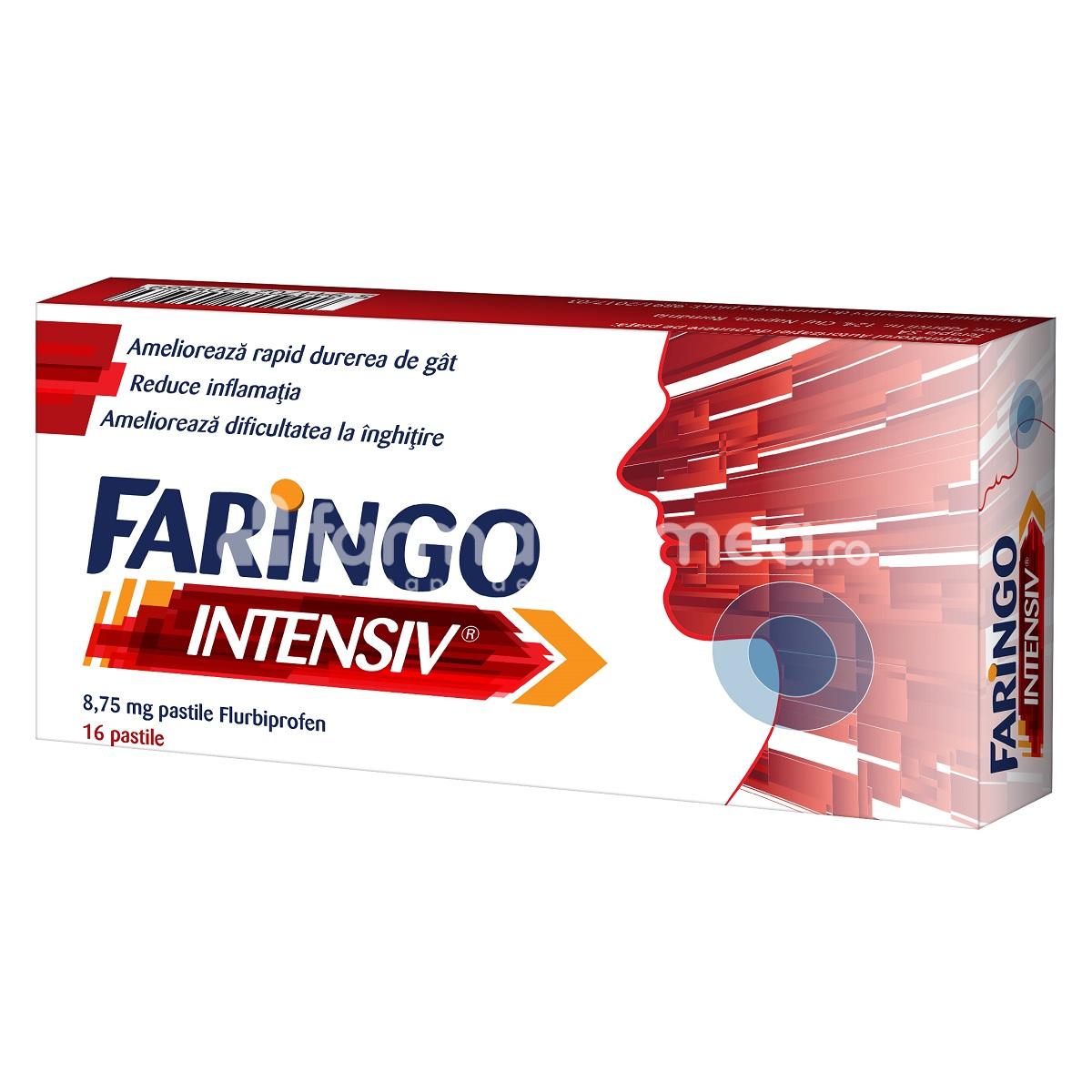 Durere oro-faringiană OTC - Faringo intensiv 8.75mg, contine flurbiprofen, cu efect antiiflamator, indicat in durere in gat, de la 12 ani, 16 pastile, Terapia, farmaciamea.ro