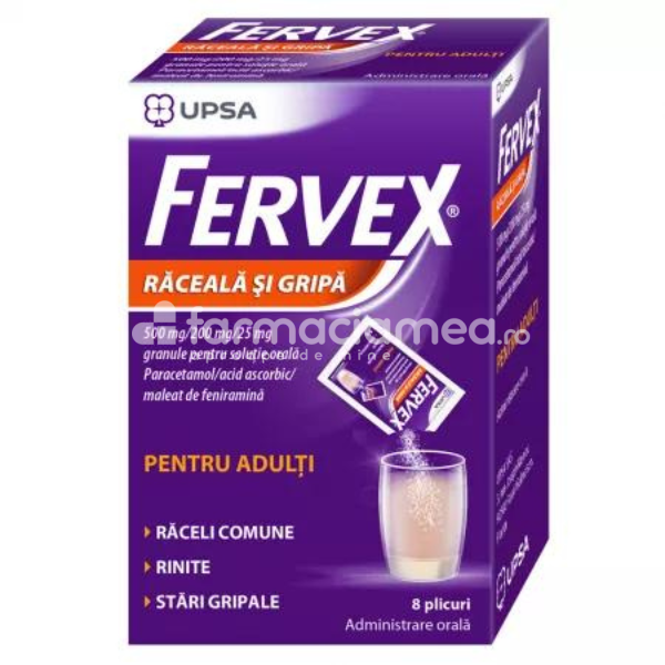 Răceală și gripă OTC - Fervex Raceala si Gripa pentru Adulti 500mg/200mg/25mg, 8 plicuri Upsa, farmaciamea.ro