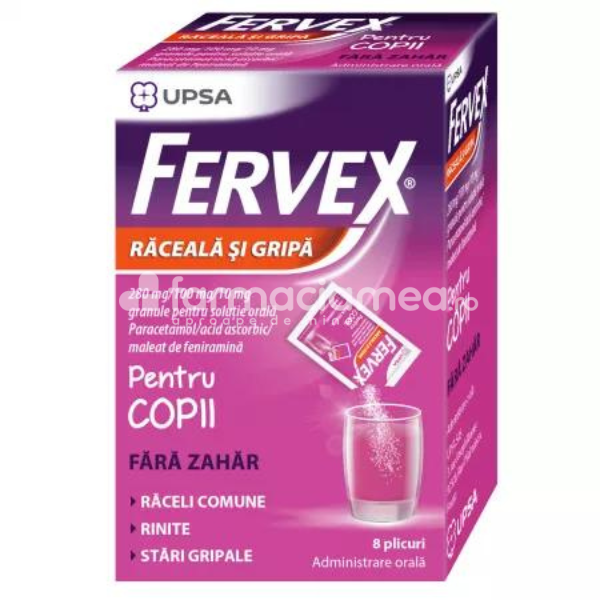 Medicamente fără prescripţie medicală - Fervex Raceala si Gripa pentru Copii fara Zahar 280mg/100mg/10mg, 8 plicuri, Upsa, farmaciamea.ro