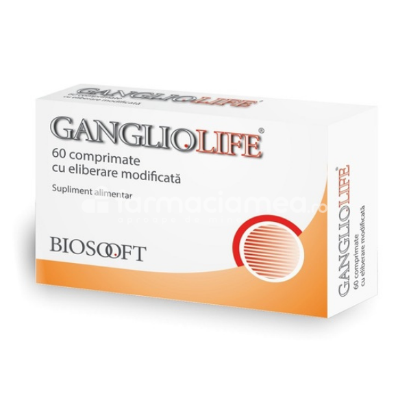 Minerale și vitamine - Gangliolife, recomandat in perioadele de stres, reduce efectele stresului, stimuleaza sinteza de neurotrofine,  60 comprimate, Biosooft, farmaciamea.ro