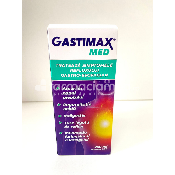 Afecțiuni gastrointestinale - Gastimax Med suspensie orala, recomandat pentru tratamentul simptomelor refluzului gastro esofagian, calmeaza arsurile din capul pipetului, combate indigestia, tusea si are efect antiinflamator, 200 ml, Fiterman Pharma, farmaciamea.ro
