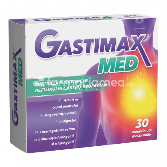 Afecțiuni gastrointestinale - Gastimax Med, recomandat pentru tratamentul simptomelor refluzului gastro esofagian, calmeaza arsurile din capul pipetului, combate indigestia, tusea si are efect antiinflamator, 30 comprimate masticabile, Fiterman Pharma, farmaciamea.ro