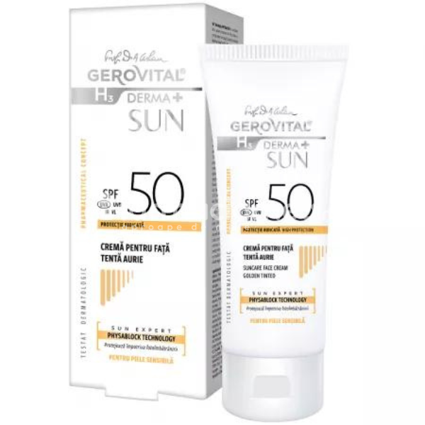 Protecție solară - Gerovital H3 Derma+ Sun Crema pentru fata SPF50 Tenta Aurie, 50ml, farmaciamea.ro