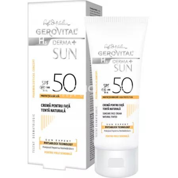 Protecție solară - Gerovital H3 Derma+ Sun Crema pentru fata SPF50 Tenta Naturala, 50ml, farmaciamea.ro