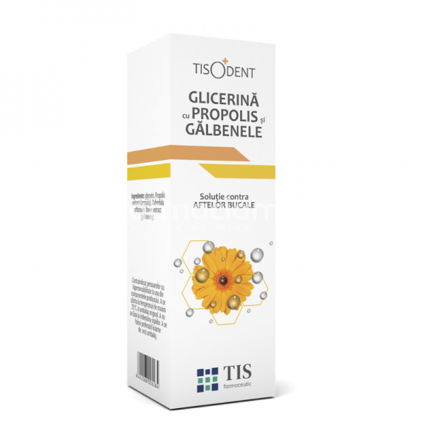 Afecțiuni ale  cavității bucale - Glicerina boraxata cu propolis si galbenele Tisodent, solutie contra aftelor bucale, 25ml, Tis Farmaceutic, farmaciamea.ro