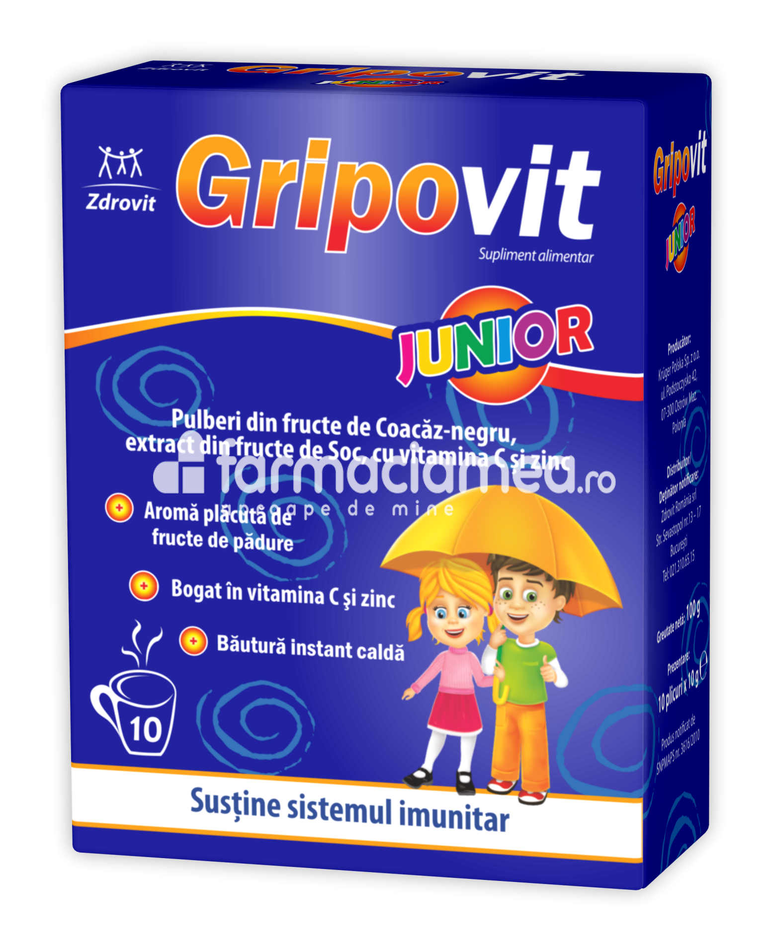 Imunitate copii - Gripovit junior, pentru sustinerea imunitatii, 10 plicuri, Zdrovit, farmaciamea.ro