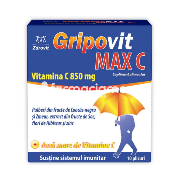 Imunitate - Gripovit Max C 850mg, indicat in gripa si raceala, 10 plicuri, Zdrovit, farmaciamea.ro
