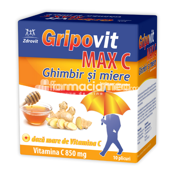 Imunitate - Gripovit Max C cu ghimbir si miere, 10 plicuri, Zdrovit, farmaciamea.ro