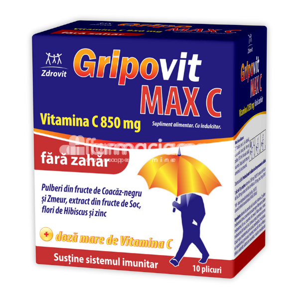 Imunitate - Gripovit Max C fara zahar, pentru sustinerea imunitatii,10 plicuri, Zdrovit, farmaciamea.ro