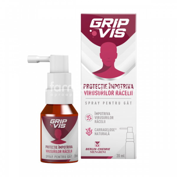 Durere gât - GripVis spray gat, recomandat in tratamentul racelii, previne si trateaza  uscarea si iritatia gatului, 20 ml, Berlin Chemie, farmaciamea.ro
