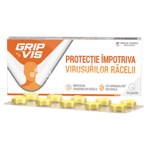 Durere gât - GripVis, recomandat in tratamentul racelii, ofera protectie impotriva virusului racelii, 20 pastile de supt, Berlin Chemie, farmaciamea.ro