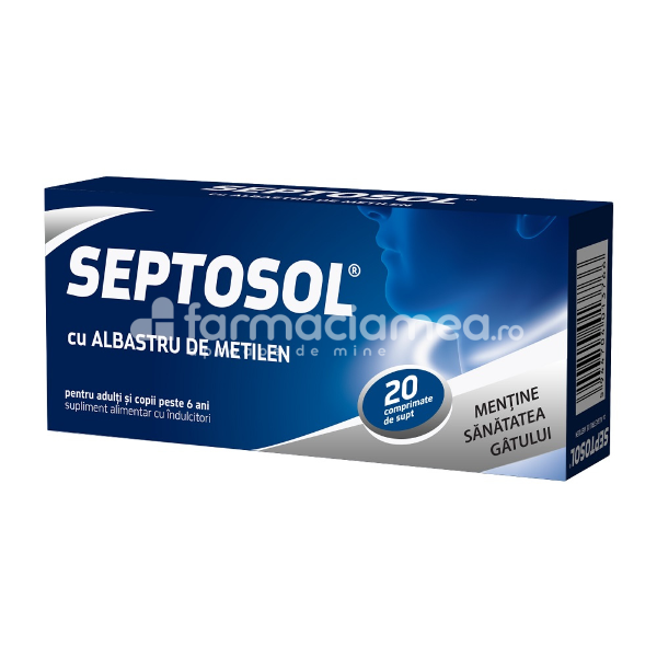 Durere gât - Herbaflu Septosol cu albastru de metilen, 20 comprimate, Biofarm, farmaciamea.ro