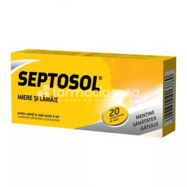 Afecțiuni ale  cavității bucale - Septosol Miere si Lamaie, 20 comprimate pentru supt Biofarm, farmaciamea.ro