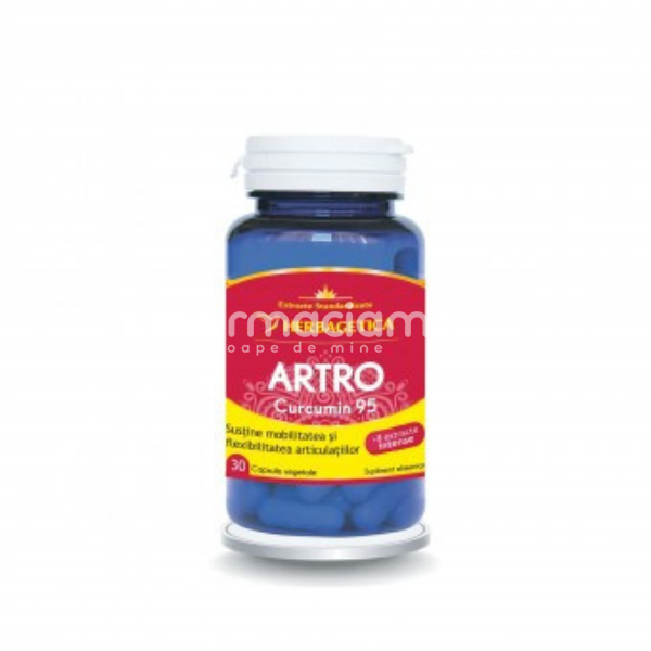 Suplimente articulații - Artro + Curcumin95, recomandat in tratarea osteoporozei si altor afectiuni ale articulatiilor, regenereaza, imbunatateste si sustine sanatatea articulatiilor, 30 capsule, Herbagetica, farmaciamea.ro