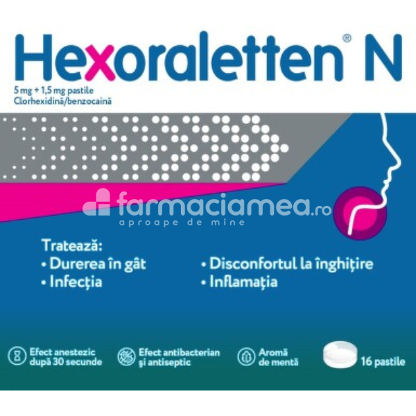 Durere oro-faringiană OTC - Hexoraletten N, 5 mg+1,5 mg, 16 pastile, Johnson&Johnson, farmaciamea.ro