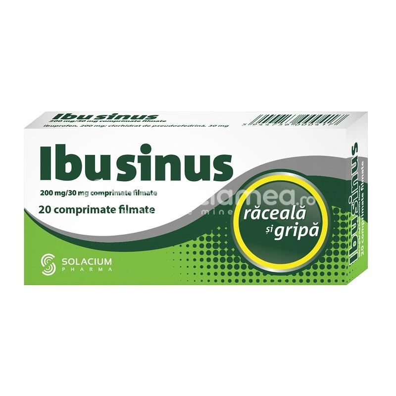 Răceală și gripă OTC - Ibusinus, contine ibuprofen si clorhidrat de pseudoefedrina, cu efect antiinflamator, analgezic, antipiretic si decongestionant, indicat in tratarea simptomelor de raceala si gripa, 20 de comprimate filmate, Solacium Pharma, farmaciamea.ro