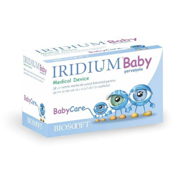 Produse oftalmologice - Iridium Baby servetele, recomandat pentru igiena ochilor, curata, actiune emolienta, calmanta si decongestionanta, de la nastere, 28buc, Biosooft, farmaciamea.ro