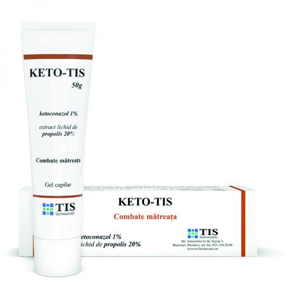 Antifungice de uz dermatologic OTC - Keto-Tis gel capilar, contine ketoconazol si extract lichid de propolis, indicat in combaterea matretii, 50g, Tis Farmaceutic, farmaciamea.ro