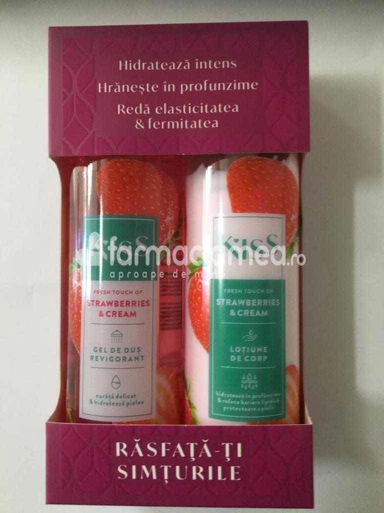 Îngrijire corp - KISS pachet Strawberries Cream gel de dus, 250 ml si lotiune de corp, 250 ml, Fiterman Pharma, farmaciamea.ro